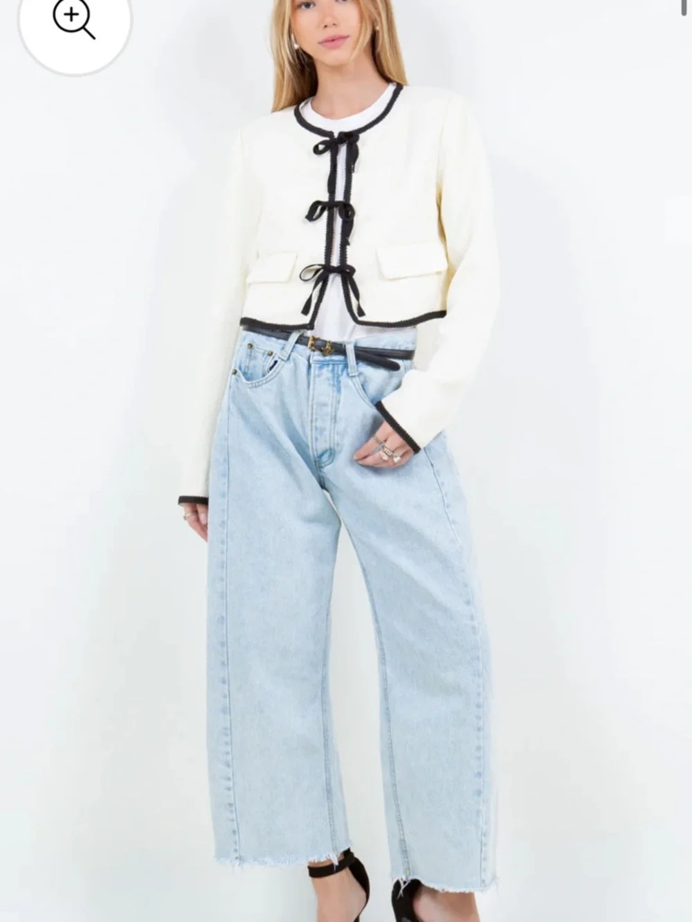 Ivory Cropped Bouclé Top with Black Trim and Bows - Picture 4 of 6